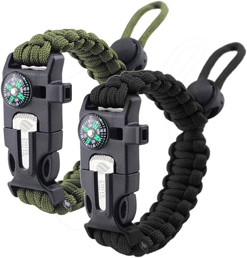 ZHIYE Survival Paracord Bracelet Flint Fire Starter Scraper Compass Wilderness Survival Whistle Adjustable Wristband 2Pack Black&Armygreen