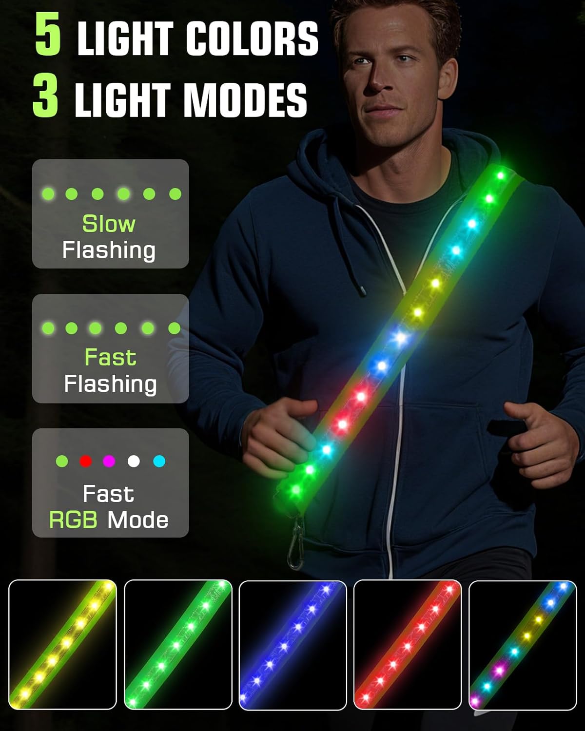 Zacro LED Reflective Belt: 5 Colors, 4 Modes, USB Rechargeable, Night Safety - Image 2