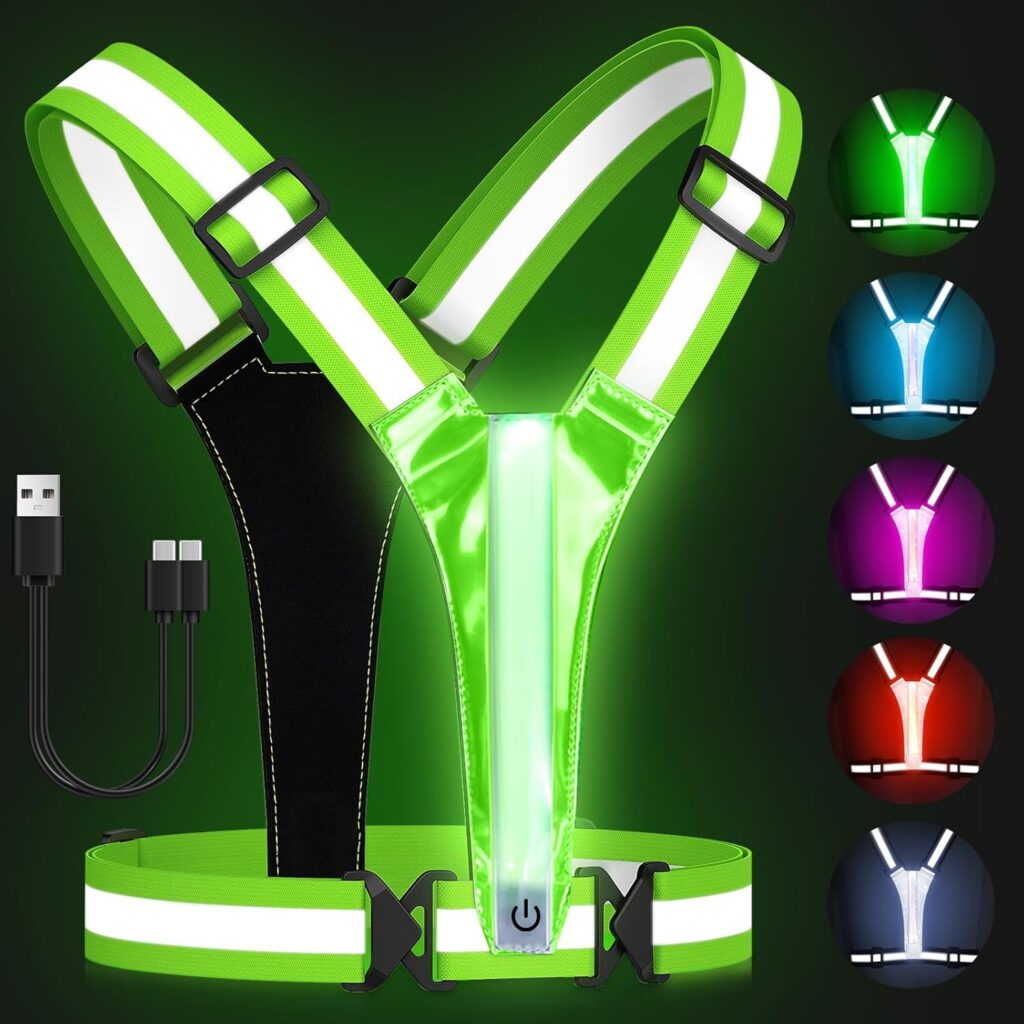 Zacro LED Reflective Vest Gear - Running Vest with 5 Light Colors, 3 Light Modes, USB Rechargeable, Adjustable Waist & Shoulder - High Visibility Light Up Reflective Gear for Night Walking, Cycling