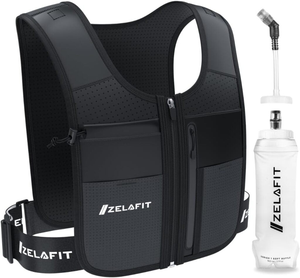 ZelaFit® Running Vest with Running Water Bottle and Straw - Reflective Hydration Vest with 8 Pockets - Hydration Backpack Alternative for Men & Women