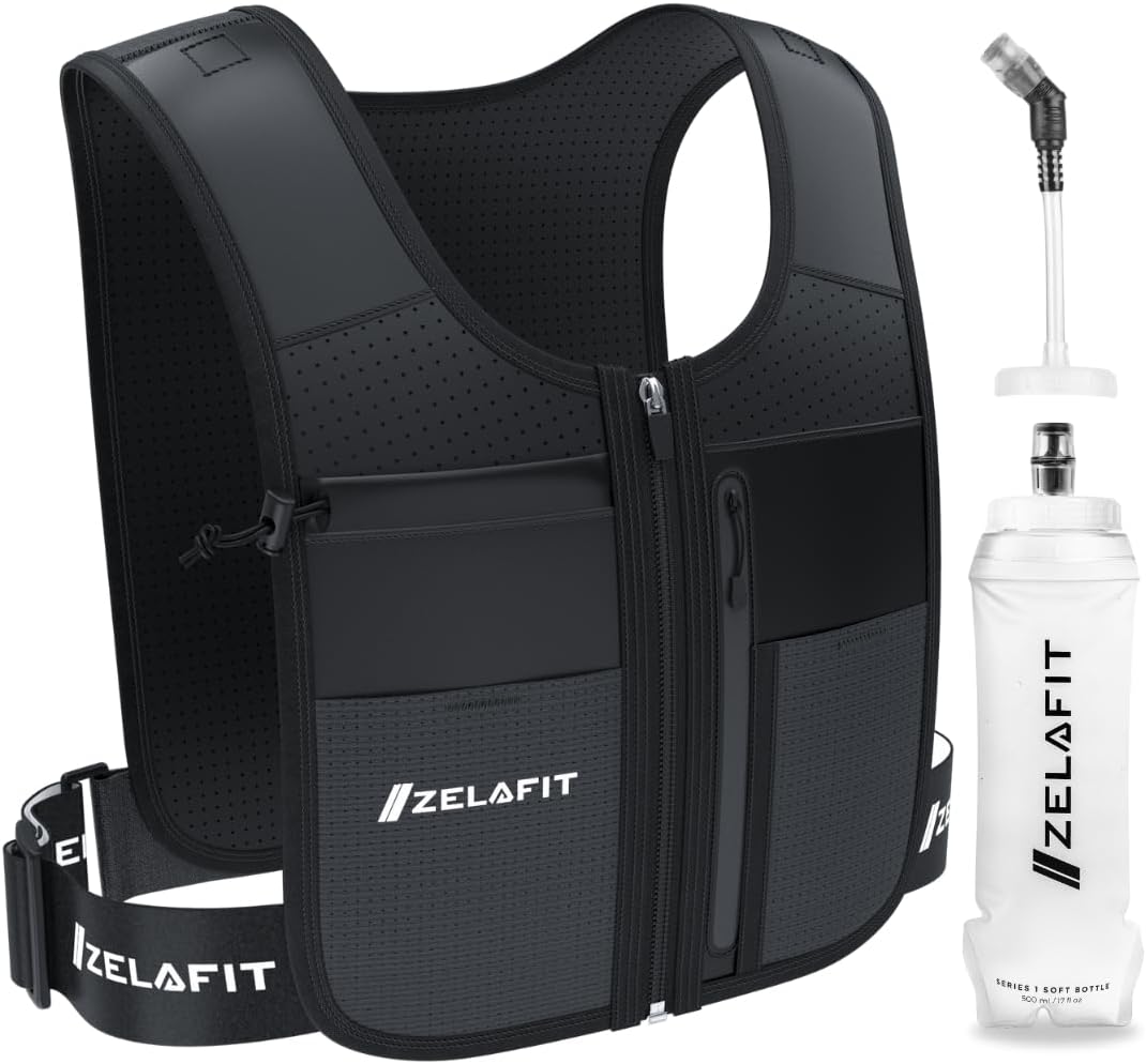 ZelaFit® Running Vest with Running Water Bottle and Straw - Reflective Hydration Vest with 8 Pockets - Hydration Backpack Alternative for Men & Women
