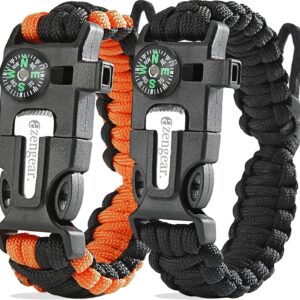 aZengear Paracord Survival Bracelet, Fire Starter Made of Flint and Steel, Whistle and Compass, Adjustable Strap Size for Camping, Bushcraft and Emergency Equipment