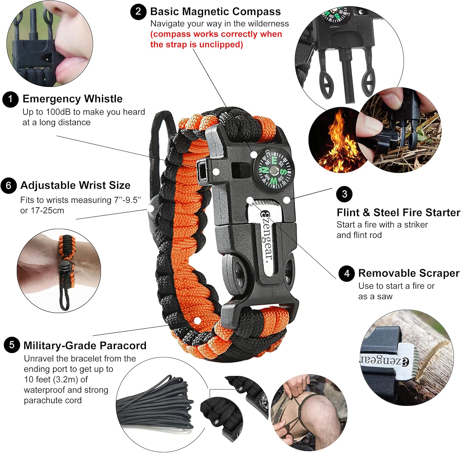 Paracord Survival Bracelet: Fire Starter, Whistle, Compass - Image 2