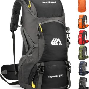 jianyana Hiking Backpack Waterproof 50L Foldable Rucksack Durable Lightweight Camping Bag with Rain Cover for Camping Trekking Hiking Walking Cycling Climbing Outdoor Sports for Women Men