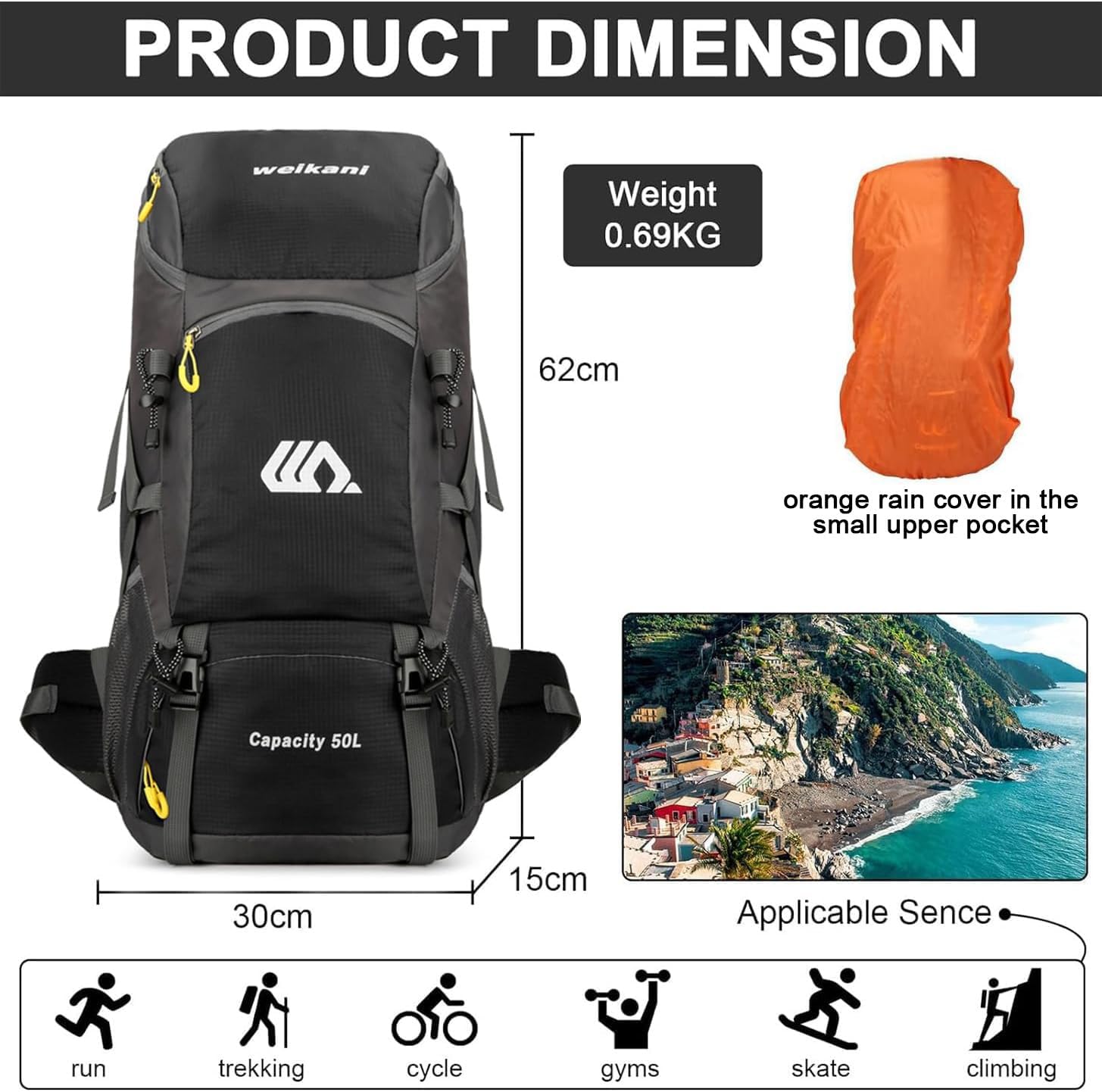 50L Waterproof Hiking Backpack: Lightweight, Durable, Foldable for Adventure - Image 2